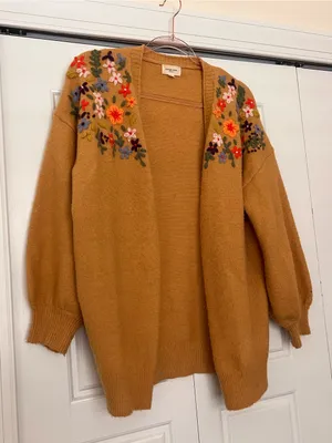 orange creek Embroidered Mustard Open-Front Cardigan embroidered Floral thumbnail 1