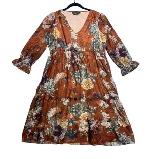 Hemant‎ & Nandita Floral Tiered Dress Women 6 Rust Orange V-Neck Long Sleeve thumbnail 1