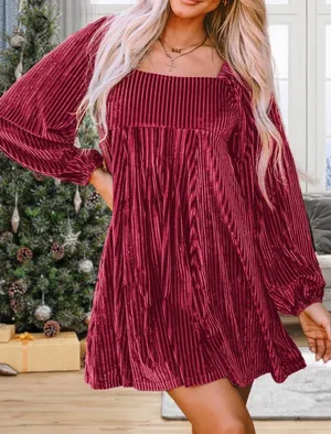 Red Pleated Velvet Mini Dress Square‎ Neck Lantern Sleeve Holiday Boho Party L thumbnail 1