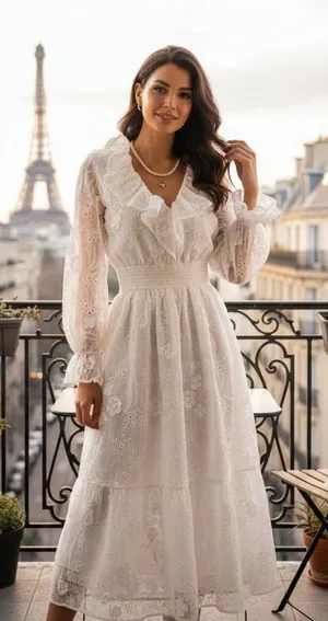 Elliatt Delphi Embroidered Lace Midi Dress in White Bridal Wedding Ready thumbnail 1