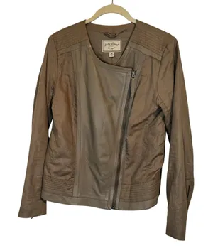 Lucky Brand Tan Lamb Leather Moto Jacket Asymmetrical Zip M Biker Quiet Luxury thumbnail 1