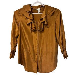 Karnold Blouse VTG Top Silk Boho Y2K 90'S Ruffle Peasant Sleeve Brown SZ LG FLAW thumbnail 1