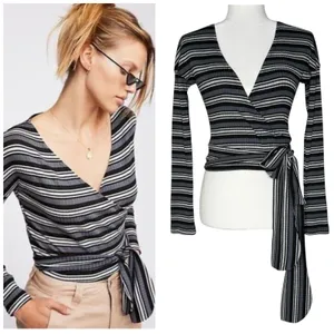 Free People Small Always‎ With Me Striped Faux Wrap Long Sleeve Tee thumbnail 2
