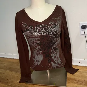 Y2K V-Neck Long Sleeve Top with Black‎ Floral Design size S thumbnail 3