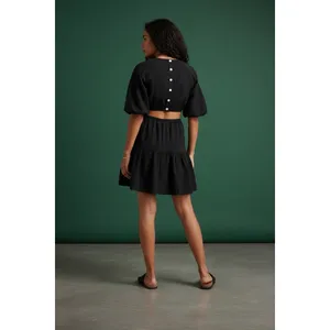 Madewell Seersucker Back Cutout Summer Dress Button Back Puff Sleeve Black‎ L thumbnail 2