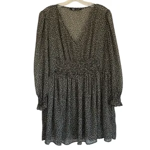 Zara Womens Green Cream Polka Dot Smocked‎ V-Neck Mini Dress L thumbnail 3