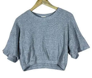 OFFLINE by Aerie Waffle Knit Cropped Short Sleeve Top Heather Grey Size M thumbnail 1