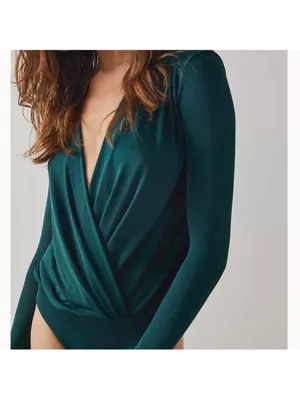 Free People Intimately Turnt Wrap Bodysuit XS Emerald Green Draped Blouse Top thumbnail 2