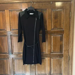 Calvin Klein Women's Size L Black‎ Asymmetric Zip Front Knit Dress Belted Waist thumbnail 4