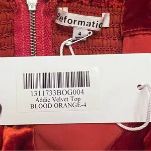 Reformation Addie Ruched Smocked Strapless Velvet Top in Blood Orange Size 4‎ thumbnail 9
