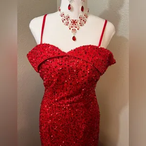 Boutique #613 Red Sequin Off The Shoulder Straps Gown - M-Size 10/12 thumbnail 7
