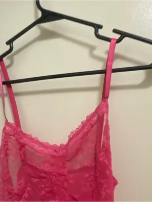 Lingerie Mini Dress S Small Hot Pink Sheer Lace Cutout Midriff Ruched Coquette thumbnail 2