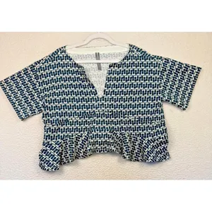 Anthropologie Blouse Womens XS Deep Green‎ Geometric Ruffle Hem Cropped V Neck thumbnail 2