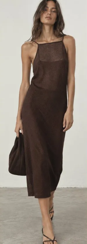 ZARA Mesh Open Knit Brown Cover Up Sheer Midi Dress Brown Large thumbnail 1