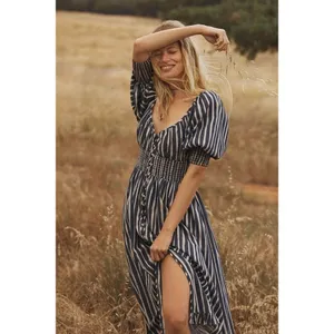 NWT!! By ANTHROPOLOGIE Long Sleeve Sweetheart Midi Dress Blue White Striped XS thumbnail 4