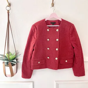 Ann Taylor Tweed Crew Neck Double Breasted Jacket Size 14 Bright Brick Old Money thumbnail 3