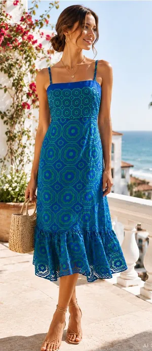 Trina Turk Blue Green Geometric Print Midi Dress Size 6 Resort Coastal Vacation thumbnail 1