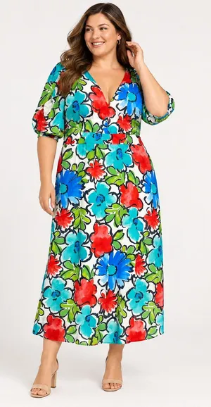 Maggy London Blue Red Floral Print Maxi Dress Womens 18W Boho Casual Eyelet thumbnail 1