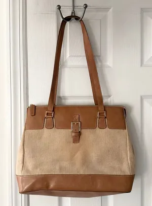 Etienne Aigner Vintage Woven Linen Tan Leather Trim Shoulder Tote Satchel Buckle thumbnail 1