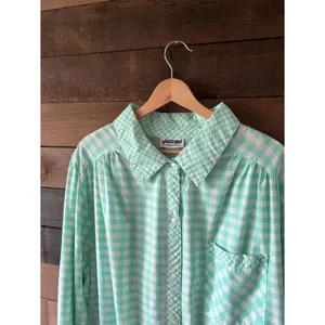 Vintage Mint Green Gingham Nightgown Button Front Midi Sleep Dress thumbnail 3