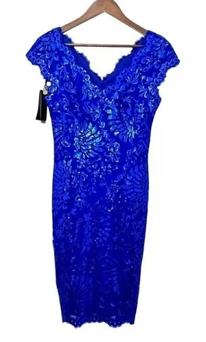 Tadashi Shoji Bright Cobalt Blue Embroidered Lace V Neck Sequin Cap Sleeve‎ thumbnail 1