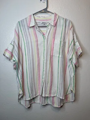 Madewell Striped Button Down Short Sleeve Daily Shirt Lighthouse Rainbow Size L thumbnail 1