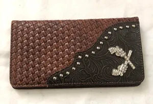 Unique Western boho Brown black woven leather wallet silver studs thumbnail 1