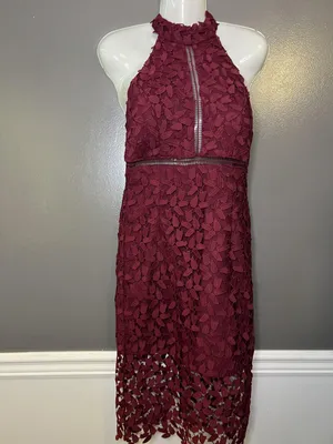 Bardot Dress Womens 6 Red Lace Halter Backless Sheath Midi Floral Party thumbnail 2
