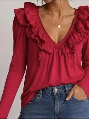 Anthropologie Ruffled V-Neck Top Size Medium NWOT thumbnail 1