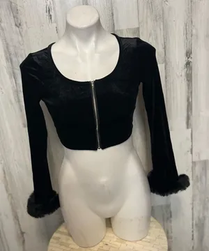 XS Black Velvet Zip Front Crop Top w/ Fur Cuff Sleeves | Long Sleeve Party Top thumbnail 1
