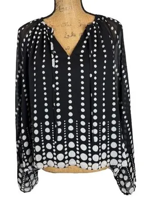 NWT LOFT Black White Polka Dot Peasant Blouse V-Neck Wide Sleeve Chic Large thumbnail 1