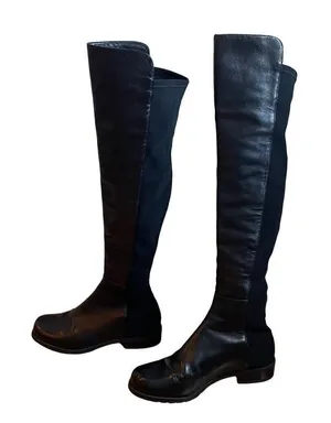 Stuart Weitzman 5050 Black Leather‎ Elastic Back Round Toe Tall Boots EU35.5 US5 thumbnail 1