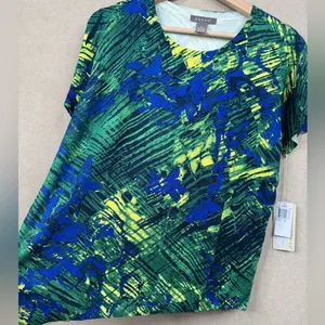 KENAR Blue Green Silk Blend Daphne Knit Top Sz XL Multicolor Print Short Sleeve thumbnail 3