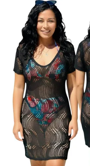 Alexa & Stella Black Crochet Mesh Swim Cover-Up Dress L Beachy Summerdress Chic thumbnail 1