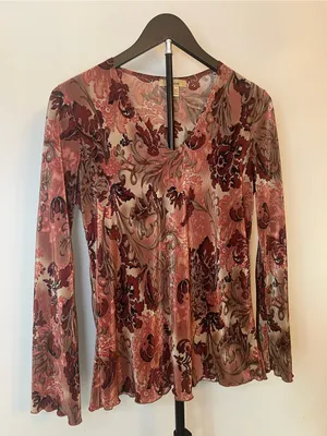 Y2K Plissé Sheer Floral Long‎ Sleeve Top Boho Fairy Grunge S thumbnail 4