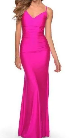 29020 Strappy Back Bodycon Maxi Gown Dress Neon Pink Size 6 thumbnail 1