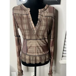 Free People Brown Plaid Mesh V Neck Long Sleeve Medium Tee Lettuce Edge‎ thumbnail 8