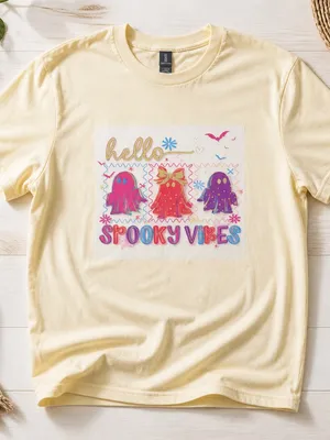 Gildan “Hello Spooky Vibes” Graphic T Shirt 100% Heavy Duty Cotton Size XL thumbnail 1