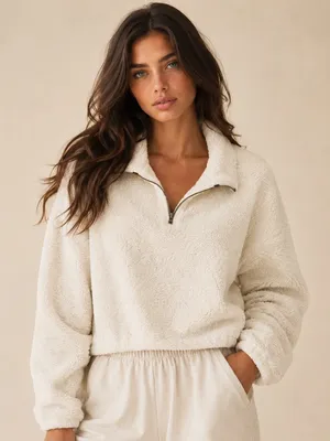 Cream Sherpa‎ Teddy Zip Pullover Jacket Winter Lounge Shein Cozy Buttery Soft thumbnail 1