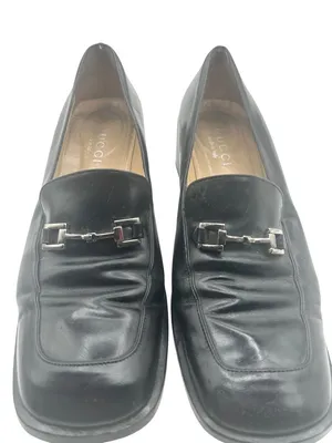Gucci Size 9.5 Leather Block Heel Loafers Metal Buckle Details Black thumbnail 4