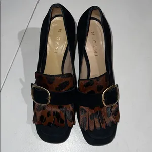 M. Gemi Lettura Block Heel buckled Fringe Loafer size 37 made in Italy leopard thumbnail 2