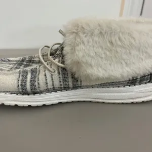 Hey Dude Wendy Fold Boot Women W9 Grey Plaid Textile Faux Fur Cozy Ankle Bootie thumbnail 7
