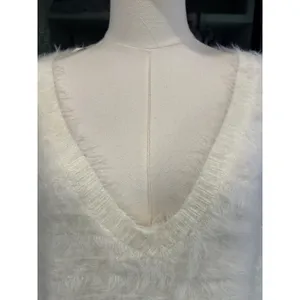 Fuzzy Eyelash Knit Sweater Ivory Shaggy Y2K Coquette Dee Elly Small Crop V Neck thumbnail 3