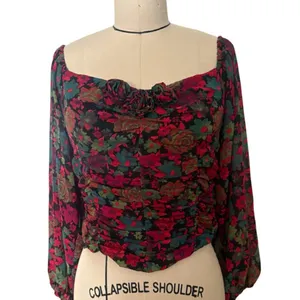 Free People Oh Lala Black Multi Off The Shoulder Floral Chiffon Top Size Medium thumbnail 4