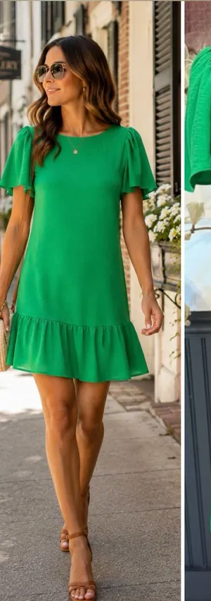 DKNY Kelly Green Drop Waist Flutter Sleeve Ruffle Hem Dress Size 2 💚🍄 thumbnail 1