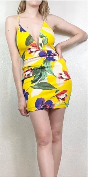 Privy Yellow Tropical Floral Strappy Bodycon Dress thumbnail 1