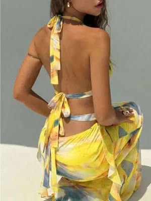 SHEIN Yellow Floral Halter Cutout Maxi Dress thumbnail 2