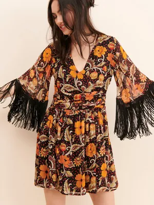 VERB Floral Fringe Mini Dress by Anthropologie Size S thumbnail 1