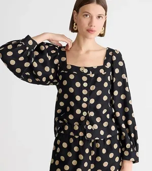 NWT!! J. CREW Linen Polka Dot Square Neck Blouse Black Tan Top Preppy Medium thumbnail 1