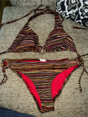 Xhilaration Striped Halter Bikini Set in Brown Multi thumbnail 2